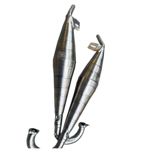 Two metallic exhaust pipes on a white background