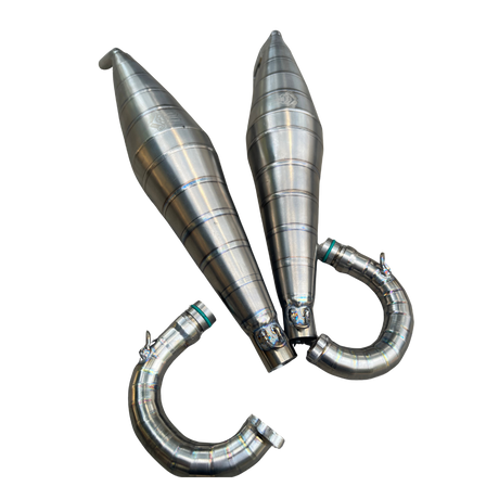Two metallic exhaust pipes on a white background