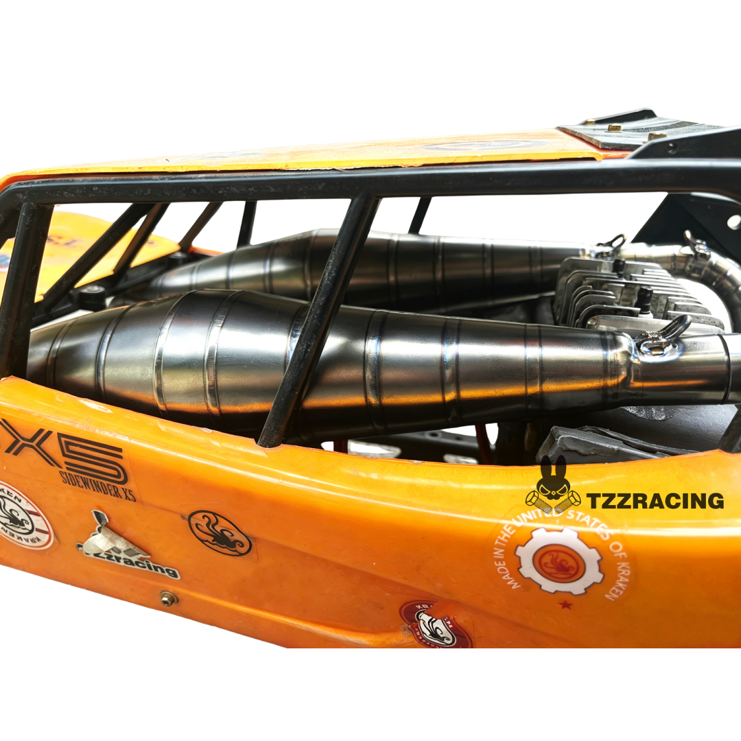 Close-up of a race car with a prominent exhaust system on a white background