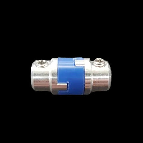 Metallic cylindrical component with blue insert on a black background