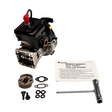 Engine block with components and owner's manual on a white background